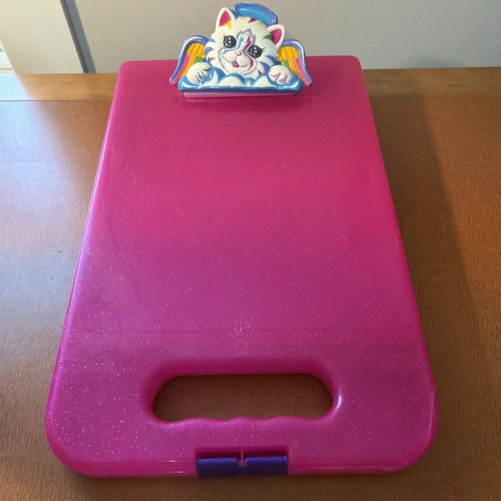 Vtg Lisa Frank Clipboard Storage Case Kitty Cat Angel Pink Glitter